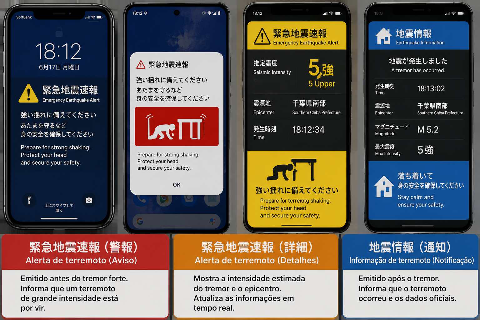 Tela de smartphone exibindo alerta de terremoto emitido no Japão